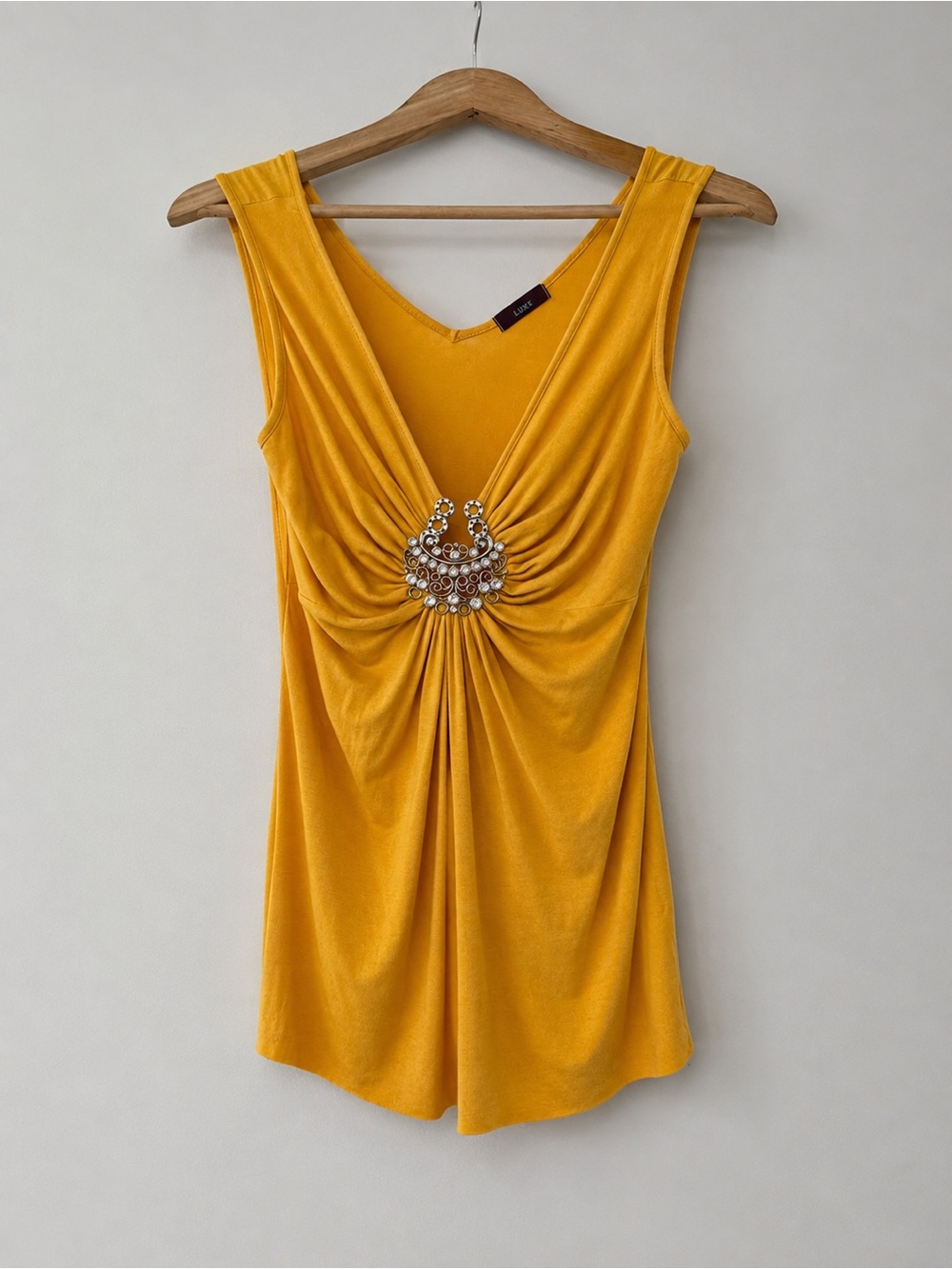 Unyx Y2K Mustard Gold Rhinestone Brooch Ruched Tank Top S Made in USA